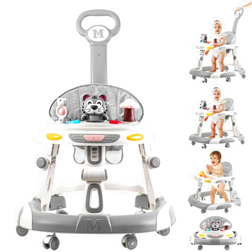 Godmy Baby Walker, 4-in-1 Foldable Baby Walkers and Baby Activity Center with Toys Tray,3-Gear Height Adjustable Infant Toddler Baby Walker with Wheels for Baby Boys and Girls 6-24 Months(Grey)
