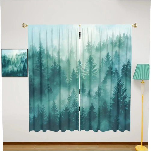 TprklhonE Green Misty Forest Blackout Curtains for Girls Boy Home Decor, Ombre Sage Nature Mountain Rod Pocket Thermal Insulated Drapes Darkening Window Curtain for Bedroom Living Room, 42 x 45 Inch