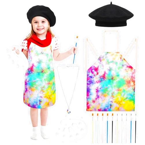 XLSXEXCL 14Pcs Kids Artist Costume Accessories Set with Tie Dye Apron Beret Hat Painting Brush Drawing Palette Necklace for Halloween Painter Dress Up