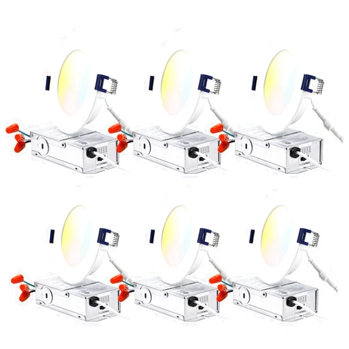 TORCHSTAR 4 Inch Slim LED Recessed Lighting with J-Box, 2700K/3000K/3500K/4000K/5000K Selectable, CRI 90+, 700LM Dimmable 5CCT LED Downlight, ETL & Energy Star Listed, Pack of 6