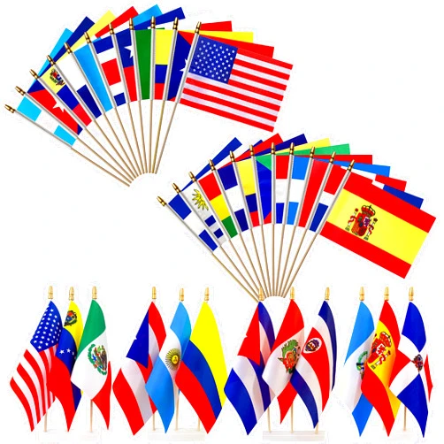 LyButty 22 Countries Spanish Speaking Flags on Wood Stick Small Mini Latin American Latino Hand Held Flags for Heritage Hispanic Month Decorations,5x8 Inch