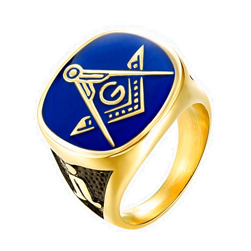 IFUAQZ Men's Stainless Steel Gold Plated Freemason Masonic Rings Blue Lodge Compass Master Mason Biker Band