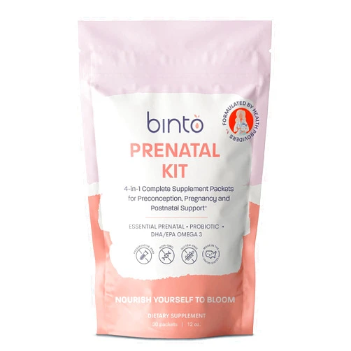 Binto 4-in-1 Prenatal Supplements to Support Healthy Mama & Baby | 1 Month Supply | Multivitamin + Probiotics, Iron, DHA, & Methylated Folate | Non-GMO, Gluten Free, Vegetarian, No Preservatives
