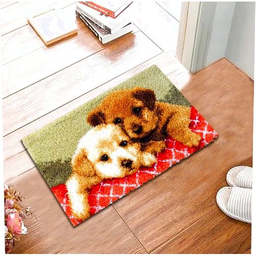 YAKOLECI Latch Hook Kits for Adults, Color Printed Canvas Rug Crochet Yarn Kits, DIY Bath Mat Home Decoration Gifts (Two Puppies)