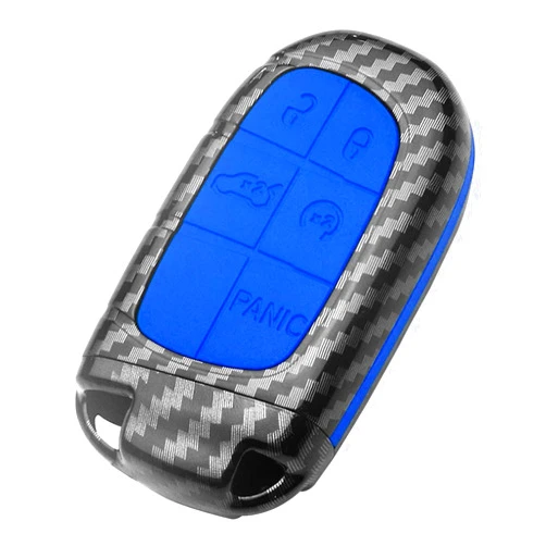 TANGSEN Smart Key Fob Case Compatible with DODGE RAM JEEP CHEROKEE 3 4 5 Button Keyless Entry Remote Control Accessories Personalized Double Protective Cover Plastic Carbon Fiber Pattern Blue Silicone