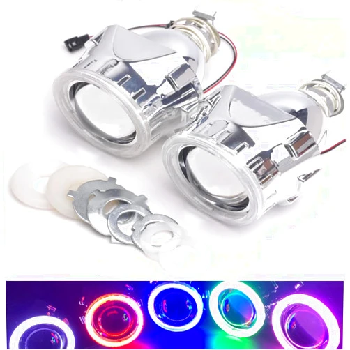 QiuKo 2pcs 2.5“ HID Bi-Xenon Halo Projector Headlights with Lens for Aftermarket Halo Headlight Retrofit Kits Car Lights with H1 Bulb Chrome Shroud with Halo Lights (Yellow Color)