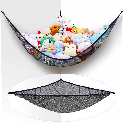 FIOBEE Stuffed Animals Net or Hammock Toy Storage Organizer Toy Hammock Net Bedroom Decor Hanging Storage with Hooks for Girl Kids Playroom Nursery, Black