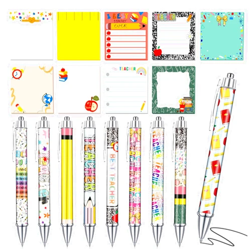 Saypacck 18 Pcs Teacher Desk Accessories, 9 Pads Cute Sticky Notes, 9 Kawaii Pens, 3 x 3 Inches Notepads Memo Pad for Office Supplies Meeting Students School Decor Teacher Gifts