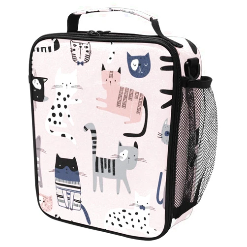 MFTJYO Pink Cat Lunch Box Kids Cooler Insulated Lunch Bag Childish Animal Cute Cooler Bag Tote Freezable Shoulder Strap Lunchbox Zipper Handbag Waterproof Picnic Meal for School Office