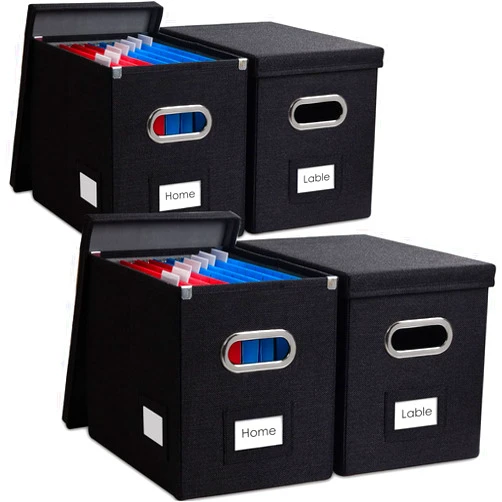 PRANDOM File Organizer Box - Set of 4 Collapsible Decorative Linen Filing Storage Hanging File Folders with Lids Office Cabinet Letter Size Black (14x9.3x10.8 inch)