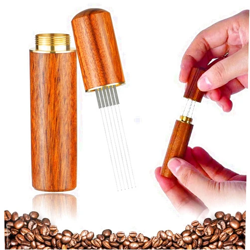VISWELL WDT Tool - 5 Needles Portable Espresso Coffee Stirrer - Espresso Tamper Espresso Stirrer - Espresso Distribution Tool - Espresso Tools for Solve Coffee Clumping - Natural Wood Handle and Stand