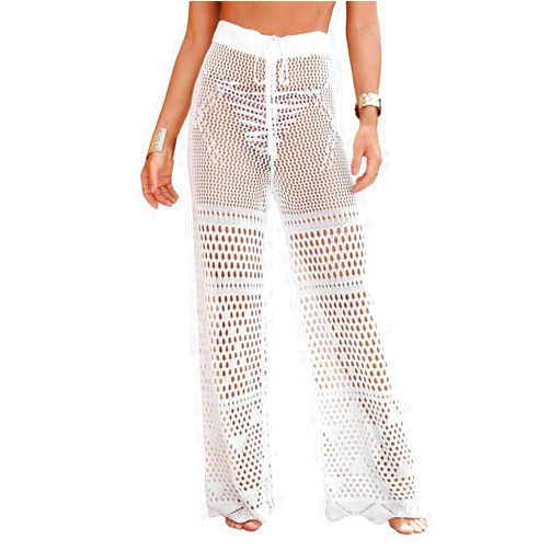 MakeMeChic Women's Cover Up Pants Drawstring Crochet Knitted Sheer Beach Cover Up Pants Swimwear
