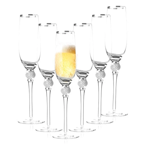BERKWARE Premium Champagne Flutes - Crystal Champagne Glasses with Silver Rim & Silver Dazzling Rhinestone Design - 9oz each (Set of 6)