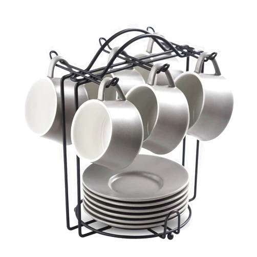 YHOSSEUN Espresso Cups with Saucers Set 4 OZ Porcelain Espresso Coffee Cup and Metal Stand for Cappuccino, Latte, Cafe Mocha and Tea, Set of 6, Gray