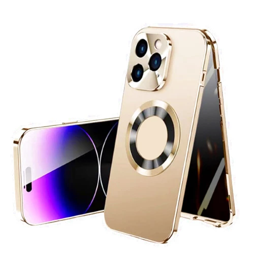 JDJR Anti-Peep Double-Sided Glass Magnetic Metal Frame Phone Case for iPhone, 360 Degree Full Coverage Phone Case for iPhone 15/14/13/12/11ProMax (C-Gold,for iPhone15 Plus)