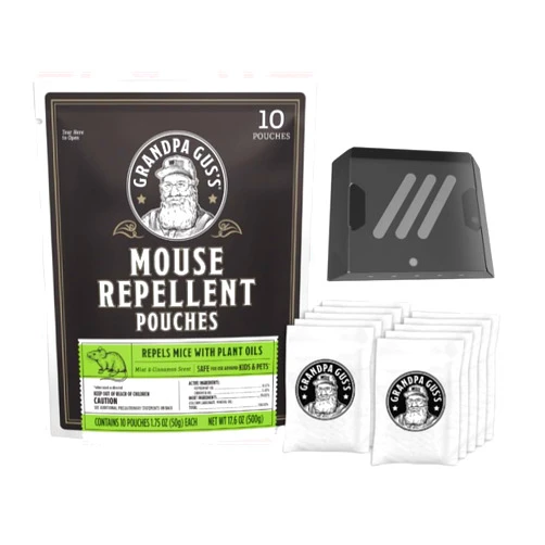 Grandpa Gus's Extra-Strength Mouse Repellent (10 Pouches) Bundled with a Pouch Holder, Cinnamon/Peppermint Oils Repel Mice from Nesting & Freshen Air in Car/RV/Boat/Garage/Shed/Cabin