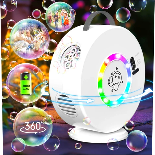 Yevohadt Bubble Machine for Kids Toddlers,Automatic Bubble Blower with LED Light Rechargeable, 90° 360° Auto Rotatable Portable Bubble Maker Toy for 3 4 5 Year Old, Outdoor Wedding Party Easter Birthday Gifts