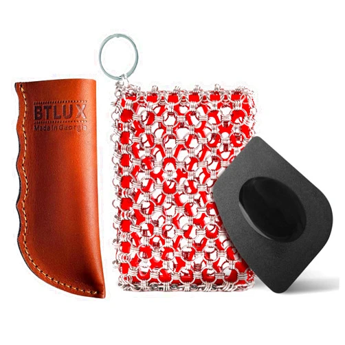 BTLUX Cast Iron Care Bundle: 316 Stainless Steel 𝐓𝐫𝐢𝐩𝐥𝐞 𝐑𝐢𝐧𝐠 𝐂𝐡𝐚𝐢𝐧𝐦𝐚𝐢𝐥 Scrubber (Red) & Extra Thick Leather Handle Cover (𝐌𝐚𝐝𝐞 𝐢𝐧 𝐆𝐞𝐨𝐫𝐠𝐢𝐚) – Perfect for Pan