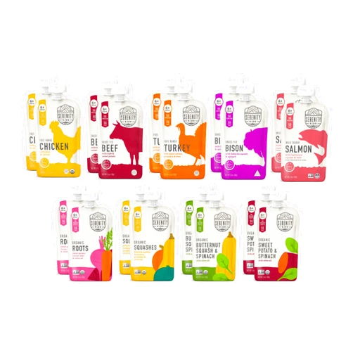 Serenity Kids 6+ Months Meats + Veggies Mixed Baby Food Puree Pouch Variety Pack 18 Count- No Sugary Fruits or Added Sugar - 3.5 Oz BPA & Allergen Free Pouch- Baby Puree Variety Pack