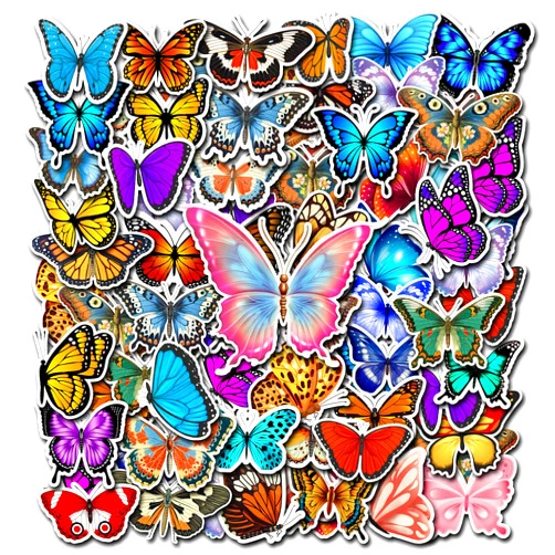 BIGZORO 50 PCS Butterfly Stickers Pack Butterflies Vinyl Decals Colorful Lovely Waterproof Patches Laptop Notebook Scrapbook Car Water Bottle Envelope Gift for Adults Teens