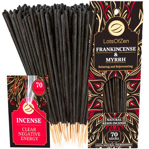 LOTS OF ZEN Frankincense and Myrrh Incense Sticks Smudge Kit (70 pcs) — 1-Hour Burning Spiritual Incense Sticks for Bad Energy Cleansing Kit — 100% Pure Frankincense and Myrrh Incense Sticks