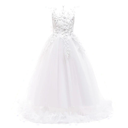 IWEMEK Girls Embroidery Flower Lace Long A Line Pageant Dress Floor Length Princess Prom Tulle Maxi Gown for Wedding Party Birthday