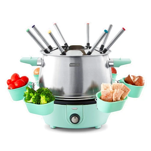 Dash Deluxe Stainless Steel Fondue Maker with Temperature Control, Fondue Forks, Cups, and Rack, with Recipe Guide Included, 3-Quart, Non-Stick – Aqua