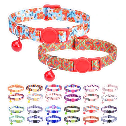 DILLYBUD Breakaway Cat Collars for Girl Boy Cats, Fall Winter All Weather Cat Collar Personalized Pattern 2 Pack,Cute Classic Safety Buckles and Bells,Adjustable Printed Nylon Colorful Red
