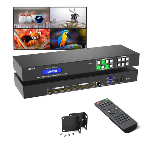 MT-VIKI 4K HDMI Matrix Switch 4x4 Support Web GUI w/IR Remote, 3.5mm Stereo Audio Extractor, Rack Mount Switcher & Splitter, 4K@30Hz, EDID, RS232, LAN Port (4 in 4 Out)