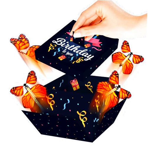 FETTIPOP DIY Butterfly Explosion Gift Box (Happy Birthday) 7.1x5.5x4.3 inches, Surprise Flying Butterfly Box Prank