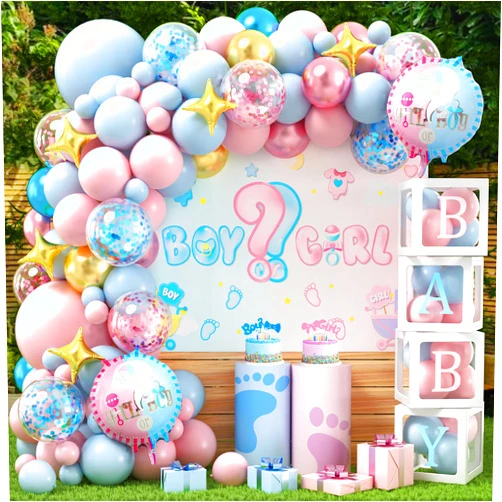 ESAG 161Pcs Gender Reveal Party Decorations - Baby Boxes with Letters (Baby+A-Z) Pink and Blue Balloon Arch Kit Backdrop Foil Balloon Baby Shower Boy or Girl Gender Reveal Decor Party Supplies Ideas