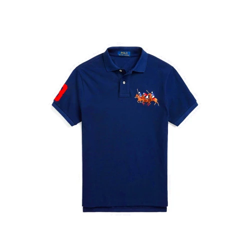POLO RALPH LAUREN Men's Custom Slim Fit Mesh Triple Pony Polo Shirt (Navy, L)
