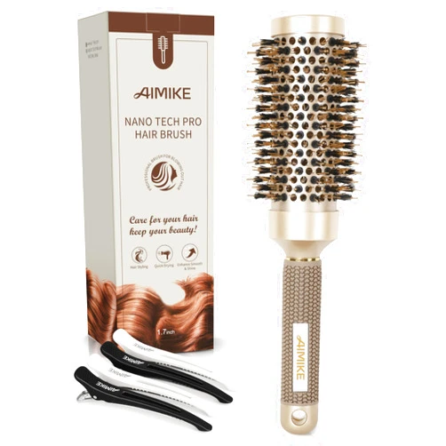 AIMIKE Nano Thermal Ceramic & Ionic Hair Brush with Boar Bristles for Styling, Volume & Shine (2.9 inch, 1.7 inch Barrel) + 4 Free Clips