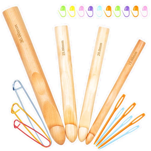 Aeelike Large Crochet Hooks - 23pcs Wooden Crochet Hook Set Huge Crochet Hook Size 15mm 20mm 25mm 30mm - Bamboo Crochet Hooks Set with Yarn Needles Stitch Holders for Moms Grandmothers