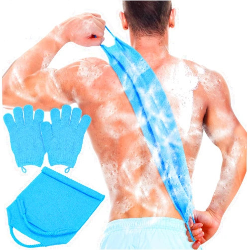 Anezus Exfoliating Back Scrubber Bath Gloves Set, Exfoliating Shower Towel with Shower Gloves for Body Scrub, Back Cleaner Wash Gloves to Remove Dead Skin (Blue)