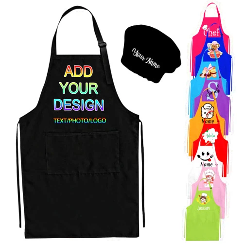 PFTPOW Personalized Kids Apron and Chef Hat Set Custom Aprons for Kids Boys Girls Cooking Apron with Name Logo for Painting