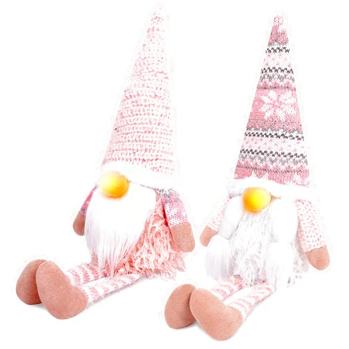 D-FantiX Pink Christmas Valentine Gnomes Decorations, 2Pack Handmade Swedish Tomte Gnome with LED Lighting Nose Scandinavian Figurine Pink Gnomes Plush Elf Valentines Day Decor Long Leg
