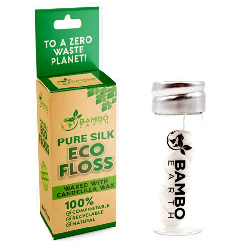 BAMBOEARTH Biodegradable Mint Dental Tooth Lace Floss With Refillable & Reusable Glass Holder - 100% Organic Natural and Compostable Teeth Silk Spool Waxed With Candelilla Wax & Eco-Friendly Zero Waste Packaging