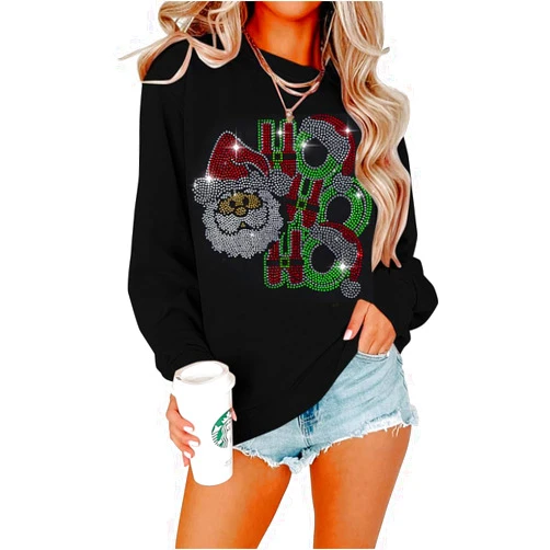 MOUSYA Christmas Sequin Sweatshirts Women Rhinestone HoHoHo Christmas Shirt Funny Santa Tee Xmas Long Sleeve Pullover Top