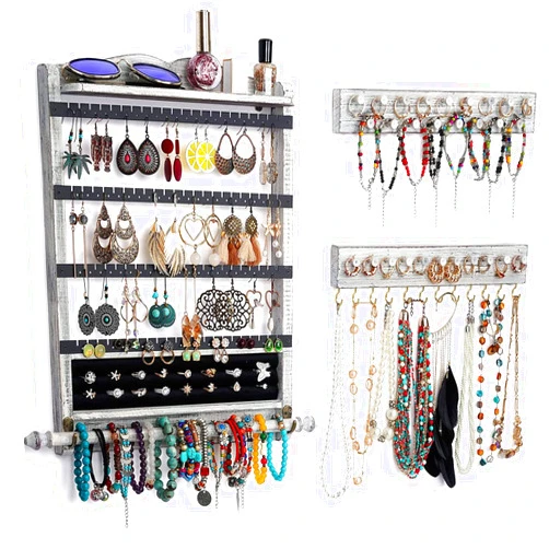 QILICHZ Wall Jewelry Organizer Set of 3 Jewelry Holder Jewelry Organizer Wall Mounted Wood Hanging Jewelry Wall Organizer Rustic Jewelry Hanger for Jewelry Storage Display