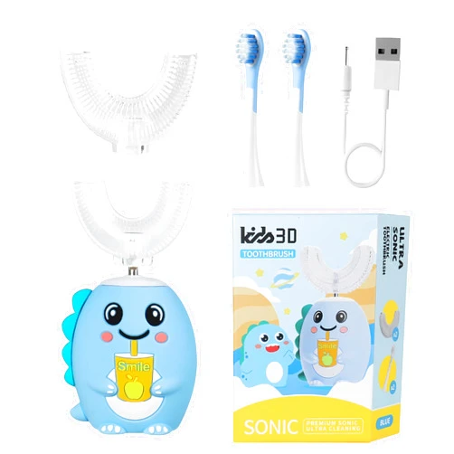LOOT Kids U Shaped Electric Toothbrush with 4 Brush Heads, 5 Cleaning Modes, Sonic Toothbrush Kids with 60s Smart Reminder, Cartoon Dinosaur 360-Degree Cleaning IPX7 Waterproof Design (Blue, 2-14)