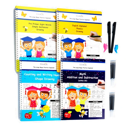 EliteKids Teacher Designed Large 11x8.5in Reusable Handwriting Workbooks (Sight Word Copy Included)- Kids Learning Calligraphy, Magic Practice Copybook for Preschool, Kids Ages 3 to 8 (4 Pack)