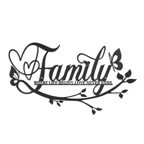 AUHOKY Family Where Life Begins Love Never Ends Word Sign Metal Wall Decor, Black Home Decor Wall Art Decorations, Letters Quotes Sign for Living Room Bedroom Kitchen Indoor Outdoor Decor(Black)