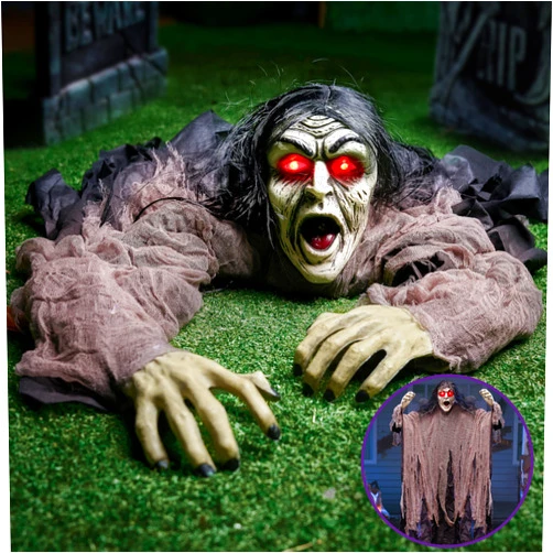 JOYIN Halloween Zombie Decorations Outdoor, Halloween Groundbreaker Outside Decor, Hanging Zombie Prop with Green Face and Lighted Eyes for Graveyard, Haunted House, Lawn, Yard, Indoor Decor