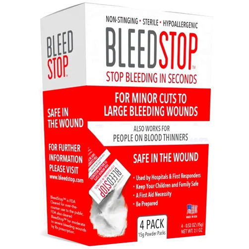 BleedStop™ First Aid Powder for Blood Clotting, Trauma Kit, Blood Thinner Patients, Camping Safety, and Survival Equipment for Moderate to Severe Bleeding Wounds or Nosebleeds - 4 (15g) Pouches