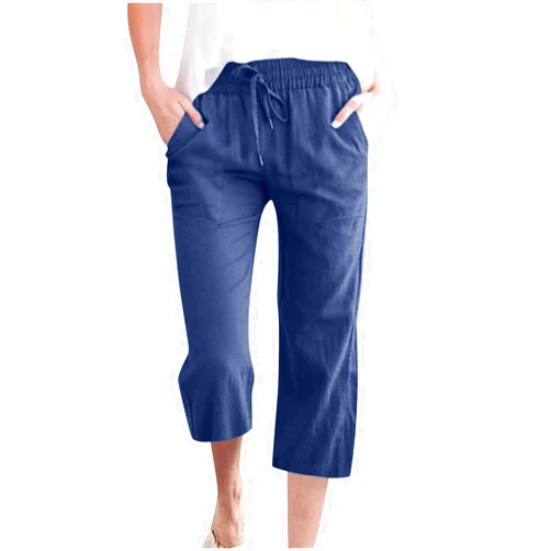 Lenago Linen Pants Women 2025 Summer Fashion Capris Pant Drawstring Elastic Waist Straight Wide Leg Loose Cropped Trouser