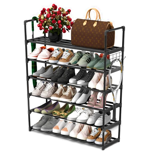 Hsscblet 6 Tiers Metal Shoe Rack,Adjustable Shoe Shelf Storage Organizer with Hooks,Stackable Boot & Shoe Storage,for Entryway,Hallway,Closet,Black