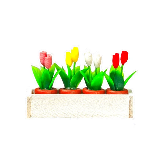 Melody Jane Dolls Houses Dollhouse White Window Box with 4 Pots of Tulips Miniature Garden Accessory