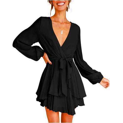 Flybony Womens Long Sleeve V Neck White Graduation Dress Tie Waist Ruffle Mini Swing Skater Dresses