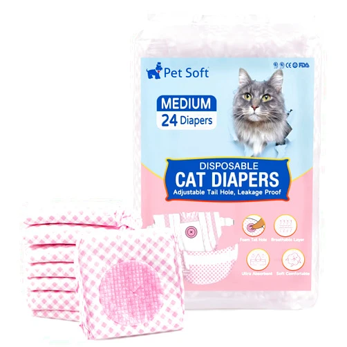 Pet Soft Disposable Cat Diapers - Diapers for Female & Male Cats, Puppy Doggie Diapers for Female Dogs with Adjustable Foam Tail Hole, 24pcs Medium